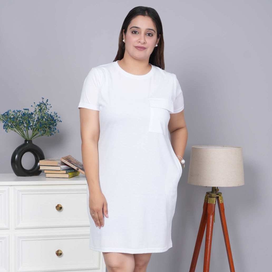 White cotton round neck dress with flap pocket - Flap pocket dress