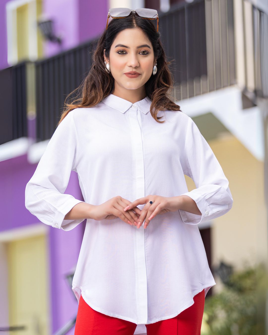 White long hemline shirt [ 100% Rayon, Liva Certified ] - Long hemline shirt