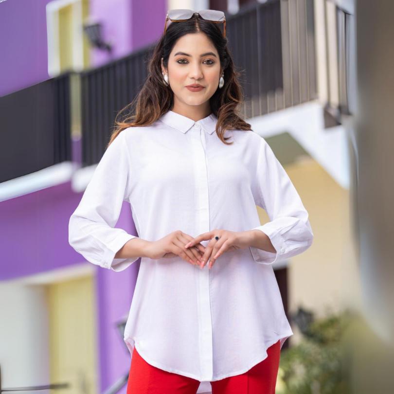 White long hemline shirt [ 100% Rayon, Liva Certified ] - Long hemline shirt