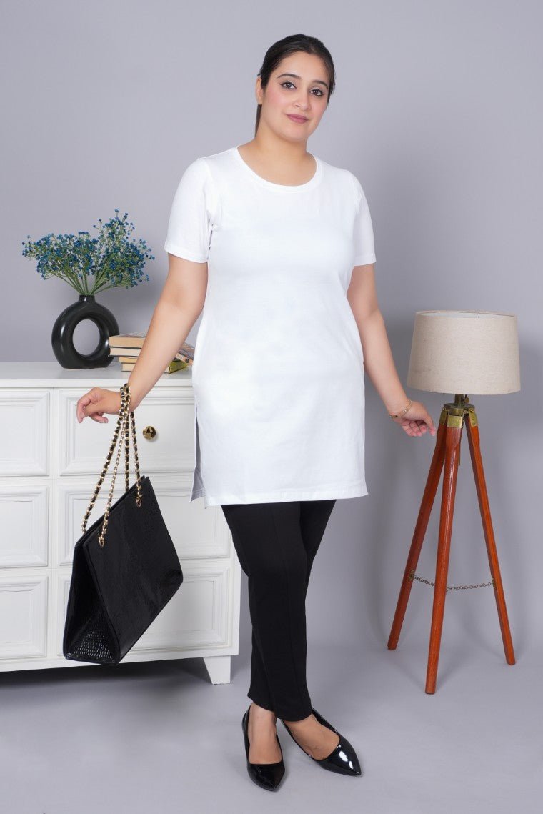 White long round neck cotton t-shirt with pockets - Long cotton t-shirt