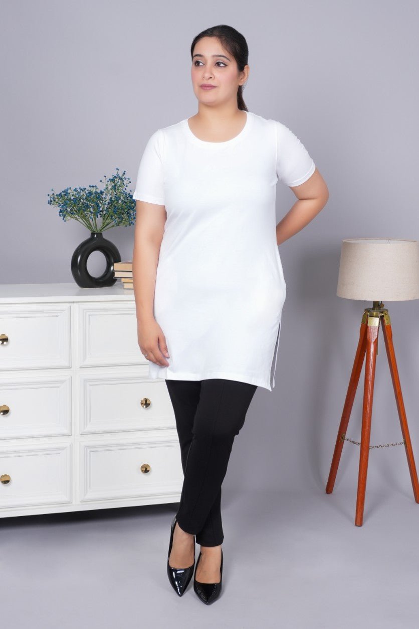 White long round neck cotton t-shirt with pockets - Long cotton t-shirt