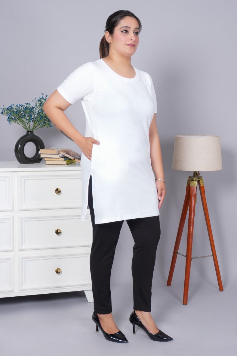 White long round neck cotton t-shirt with pockets - Long cotton t-shirt