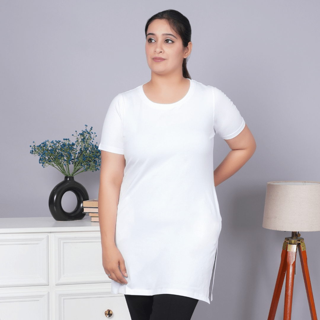 White long round neck cotton t-shirt with pockets - Long cotton t-shirt