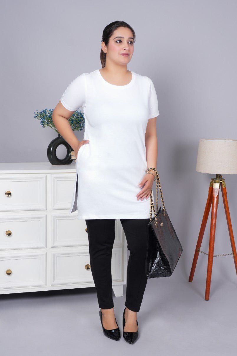 White long round neck cotton t-shirt with pockets - Long cotton t-shirt