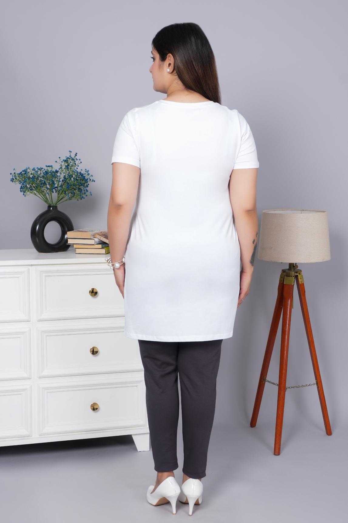 White long v neck cotton lycra t-shirt with pockets - Long cotton t-shirt
