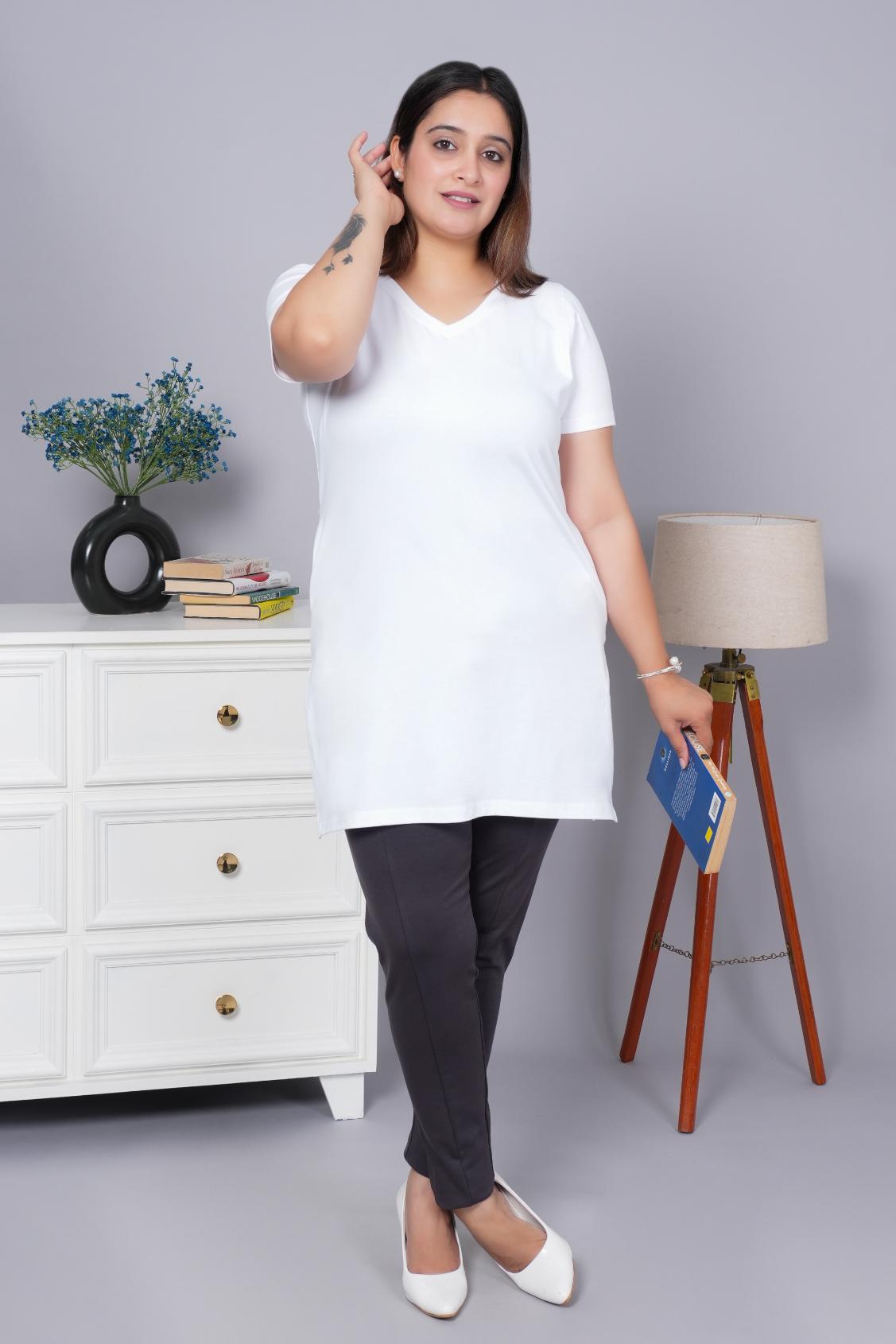 White long v neck cotton lycra t-shirt with pockets - Long cotton t-shirt