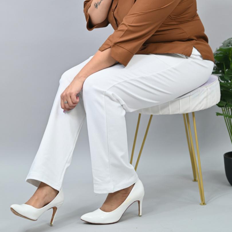 White plus size stretchable biowash USA HQ cotton cigarette pencil pants with superior elastic belt. [Straight fit] - Milano plus size cigarette pencil pants