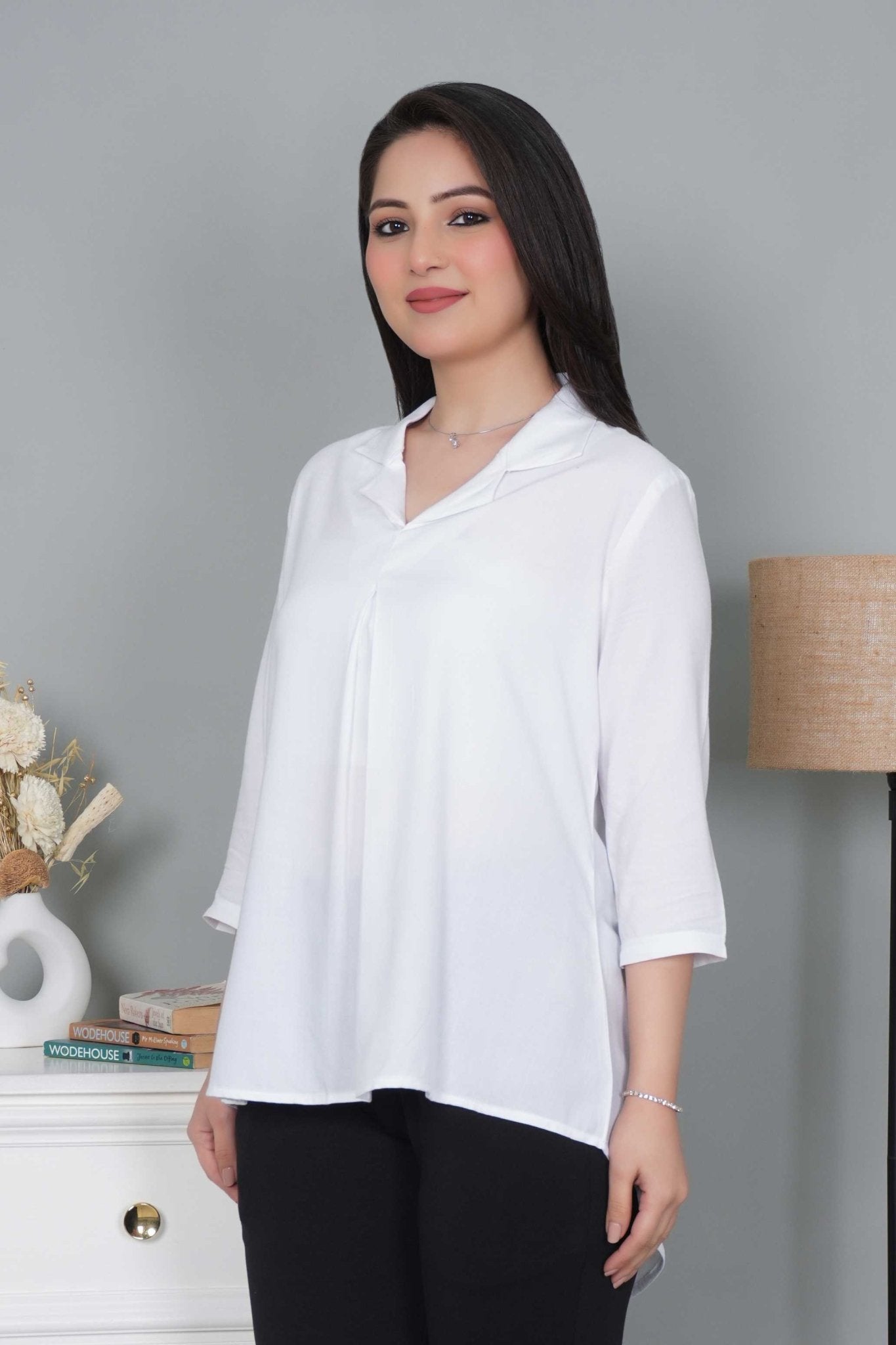 White rayon collar top [ Premium 100% Rayon, Liva Certified ] - Rayon collar top