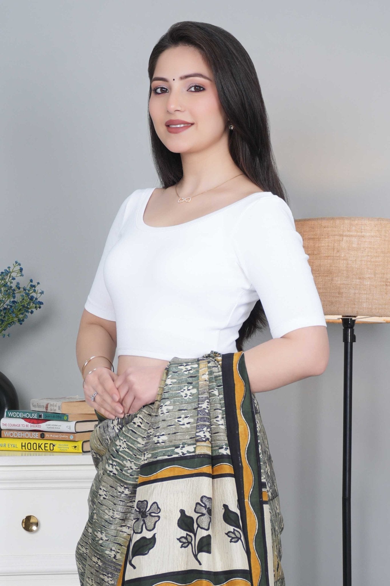 White Rib Roundneck Half Sleeve Blouse [ 100% USA HQ Cotton, 280 GSM non transparent fabric ] - Rib blouse