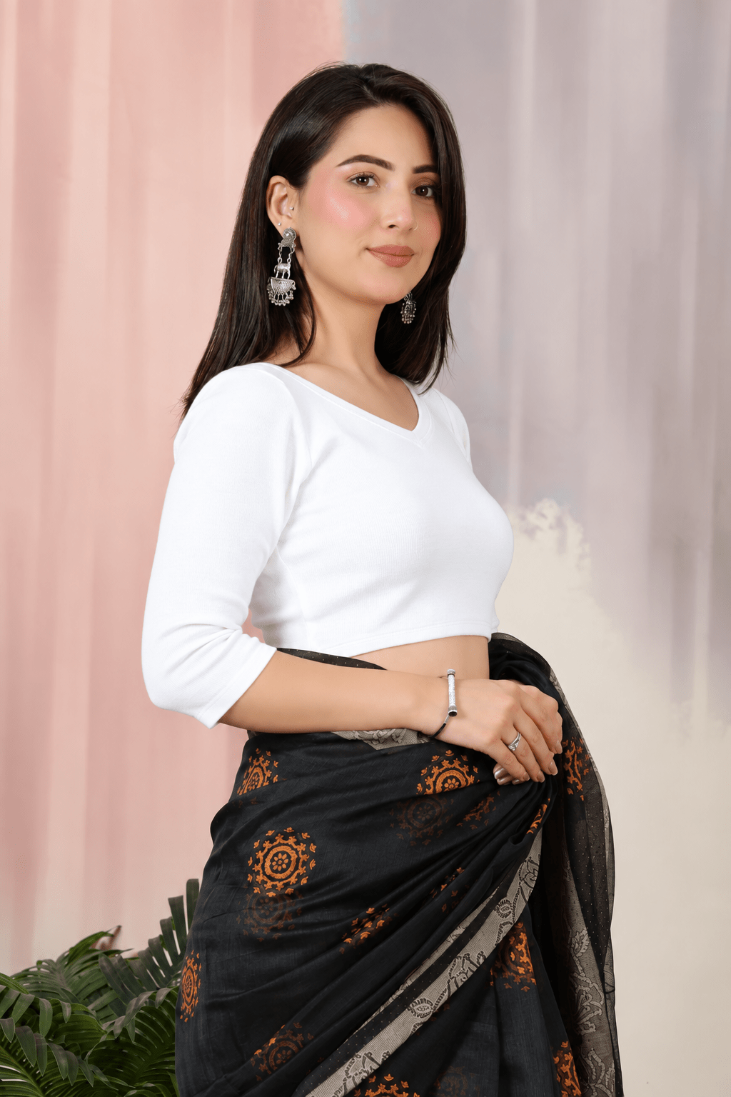 White Rib V Neck 3/4 Sleeve Blouse [ 100% USA HQ Cotton, 280 GSM non transparent fabric ] -Rib blouse