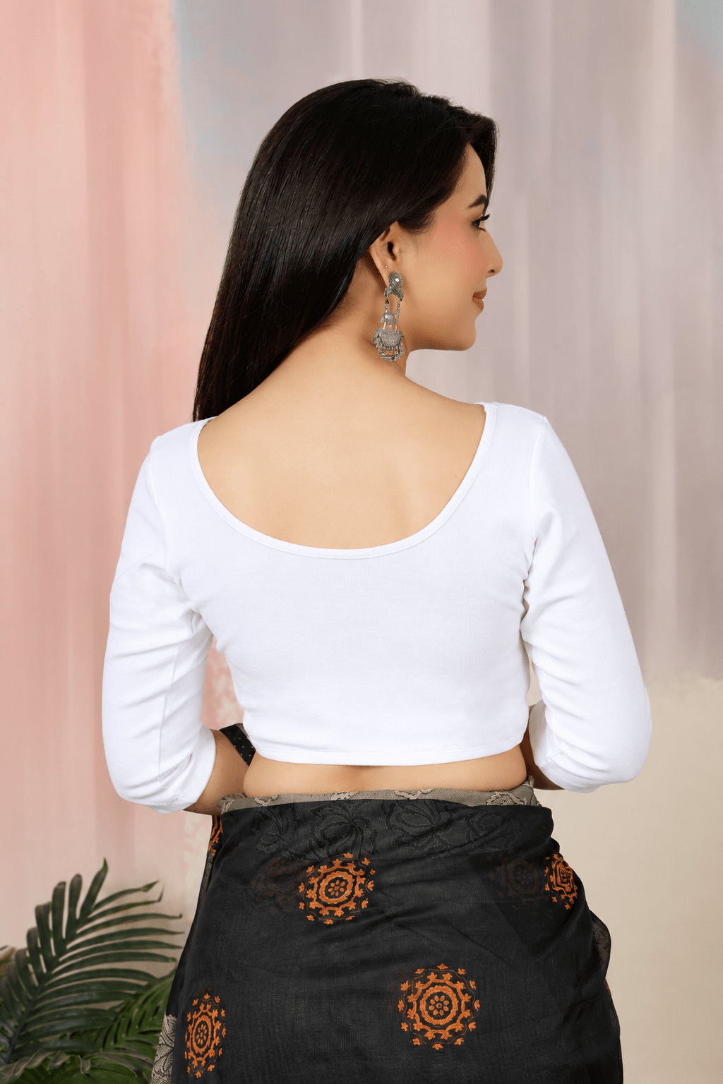 White Rib V Neck 3/4 Sleeve Blouse [ 100% USA HQ Cotton, 280 GSM non transparent fabric ] -Rib blouse
