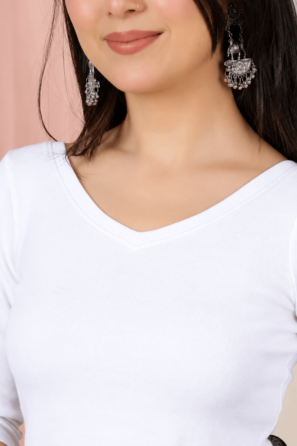 White Rib V Neck 3/4 Sleeve Blouse [ 100% USA HQ Cotton, 280 GSM non transparent fabric ] -Rib blouse