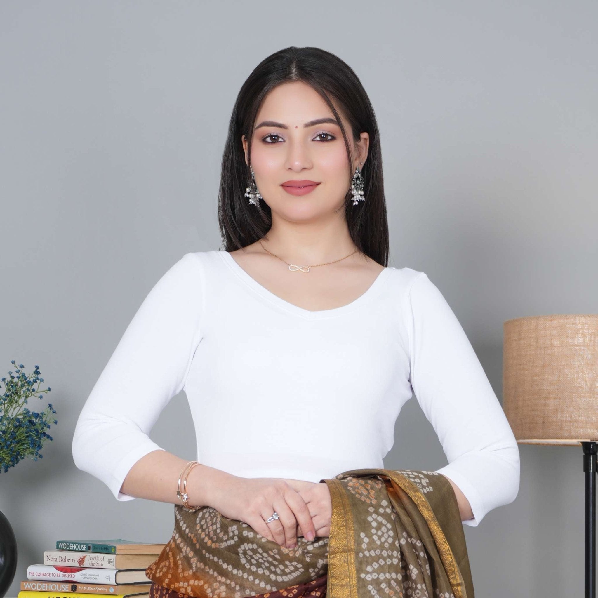 White Rib V Neck 3/4 Sleeve Blouse [ 100% USA HQ Cotton, 280 GSM non transparent fabric ] - Rib blouse