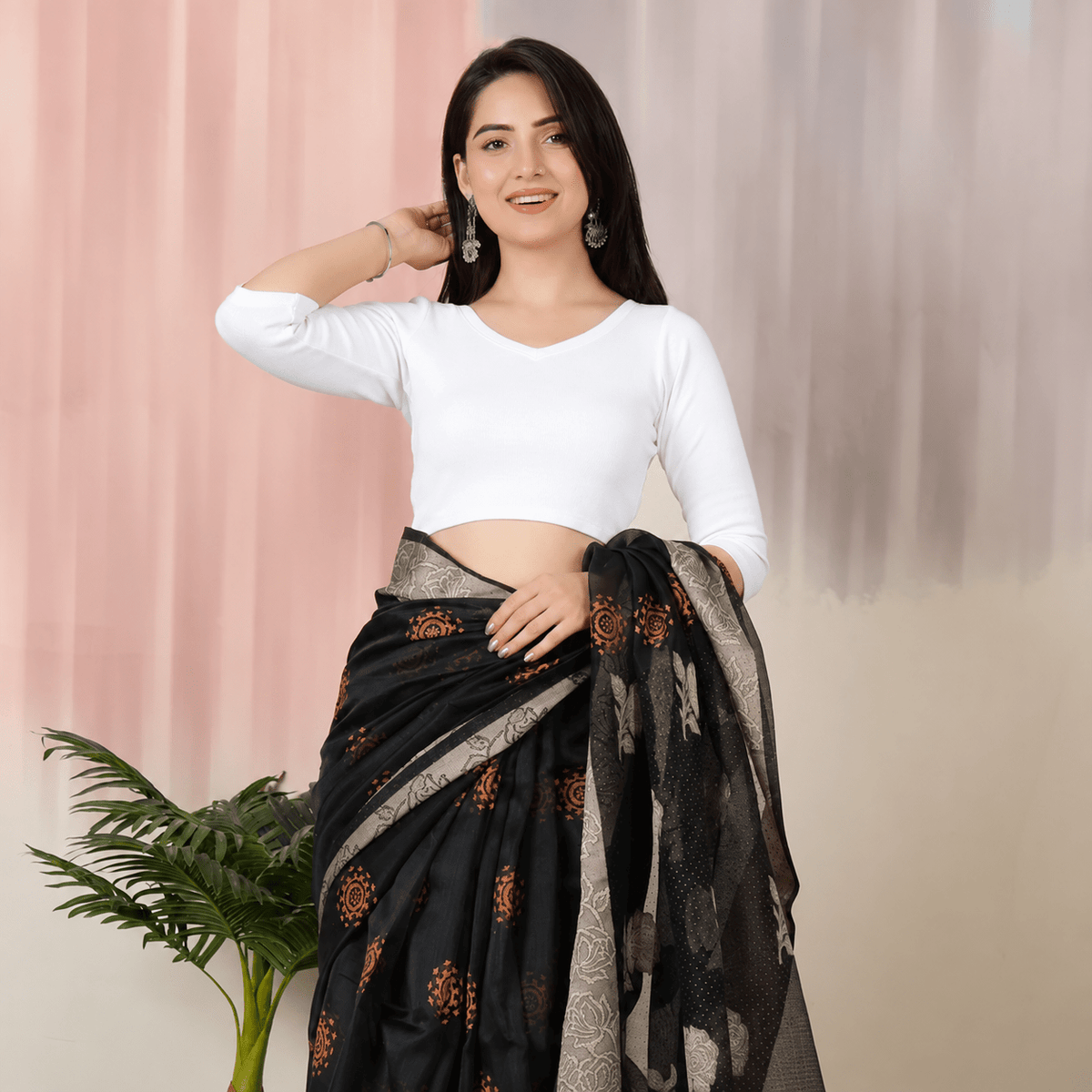 White Rib V Neck 3/4 Sleeve Blouse [ 100% USA HQ Cotton, 280 GSM non transparent fabric ] -Rib blouse