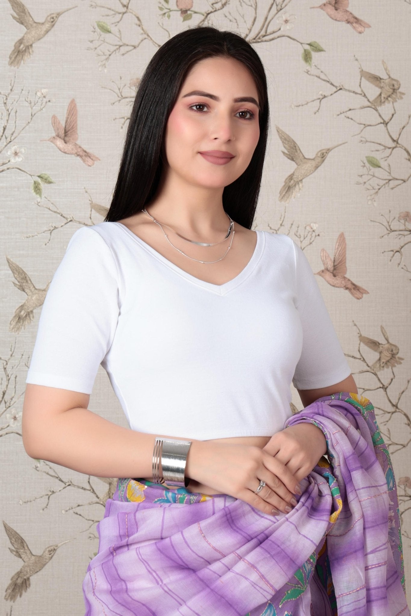 White Rib V Neck Half Sleeve Blouse [ 100% USA HQ Cotton, 280 GSM non transparent fabric ] -Rib blouse
