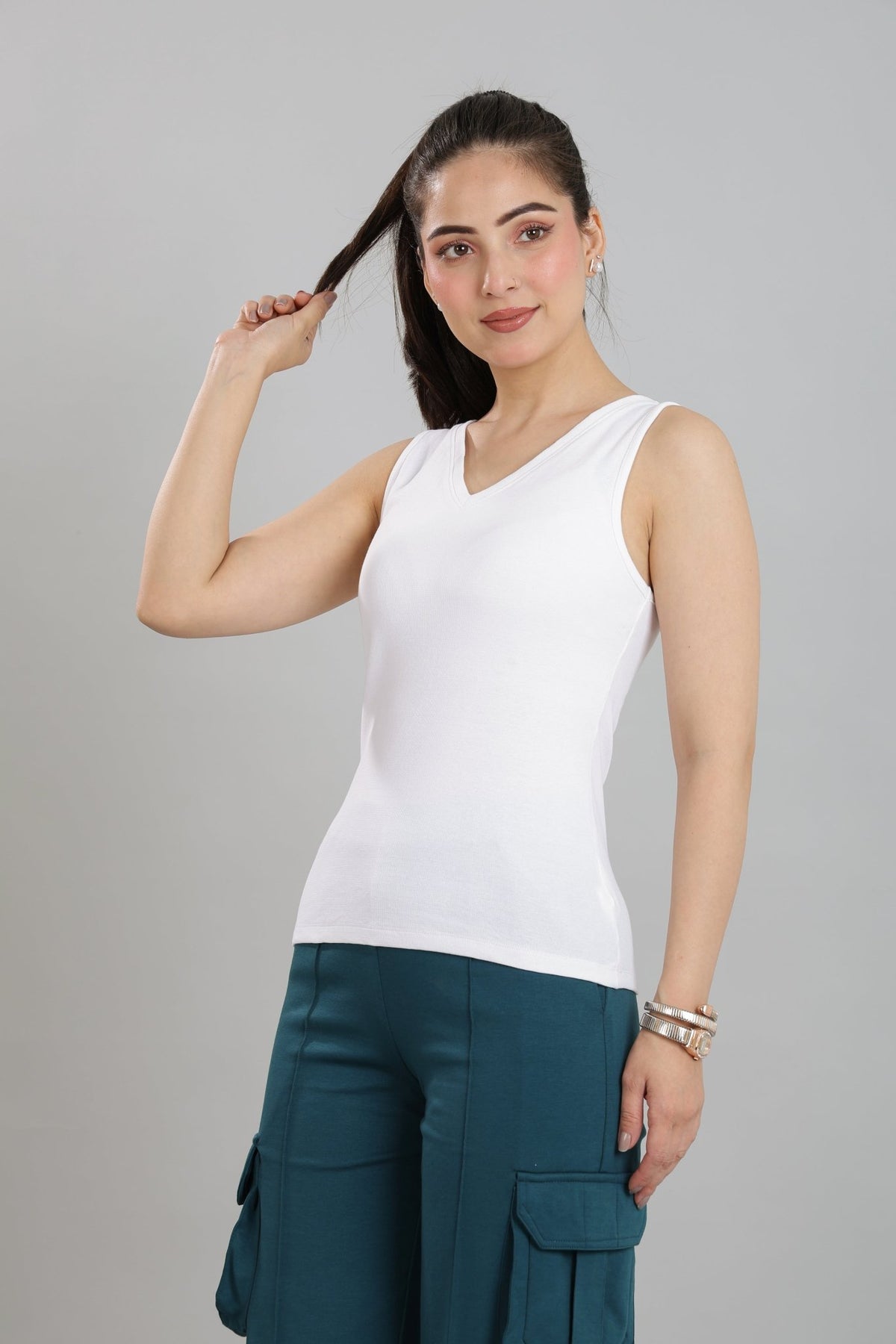 White rib v-neck vest [ 280 GSM non transparent fabric ] -Rib top