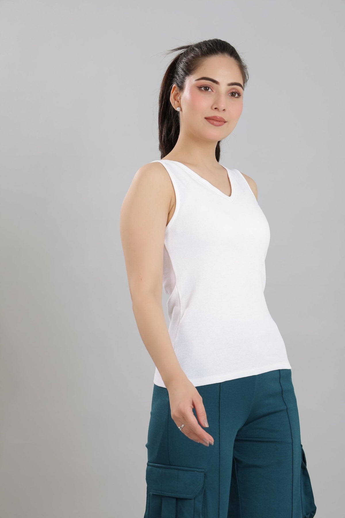 White rib v-neck vest [ 280 GSM non transparent fabric ] -Rib top