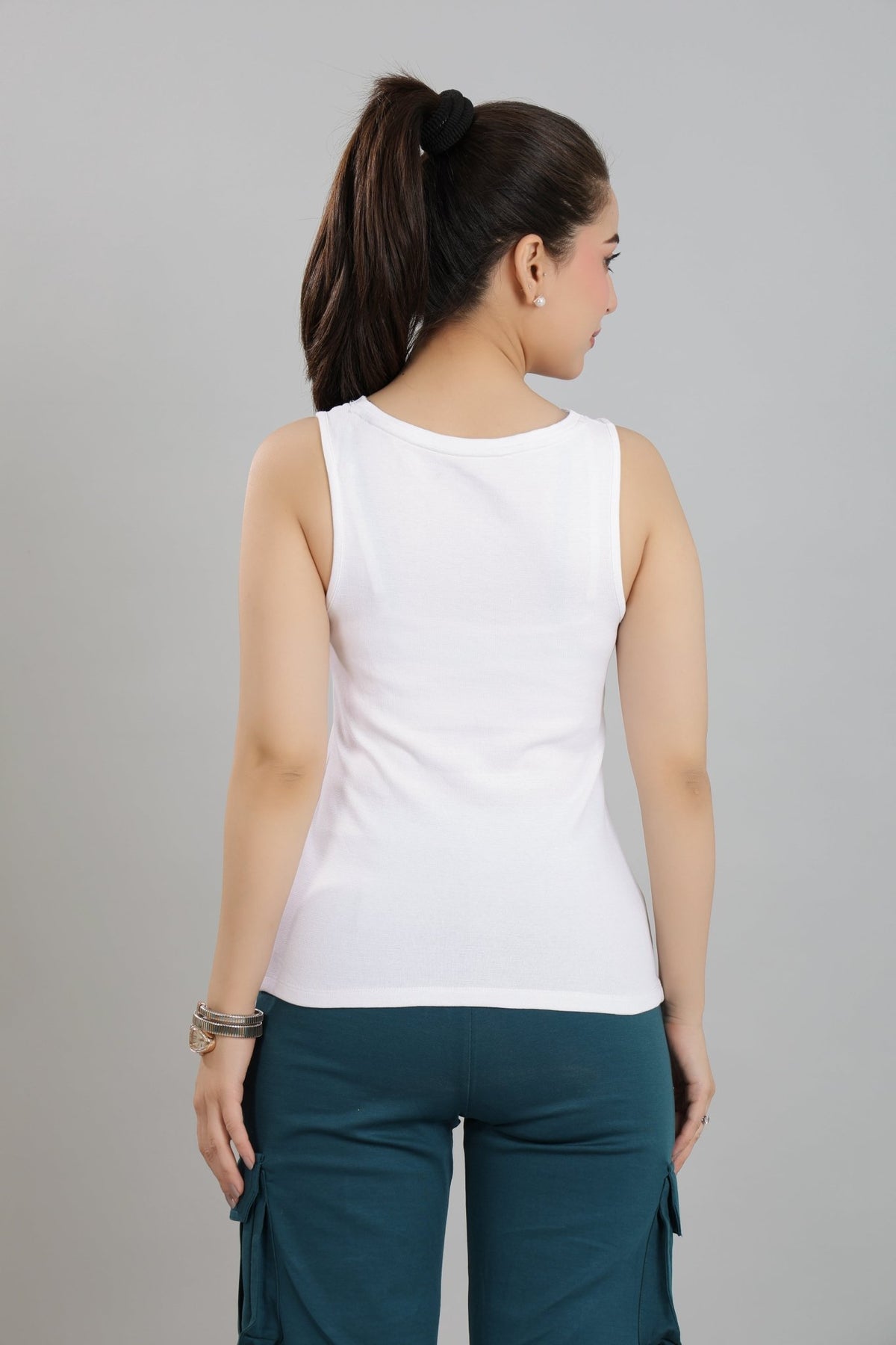 White rib v-neck vest [ 280 GSM non transparent fabric ] -Rib top