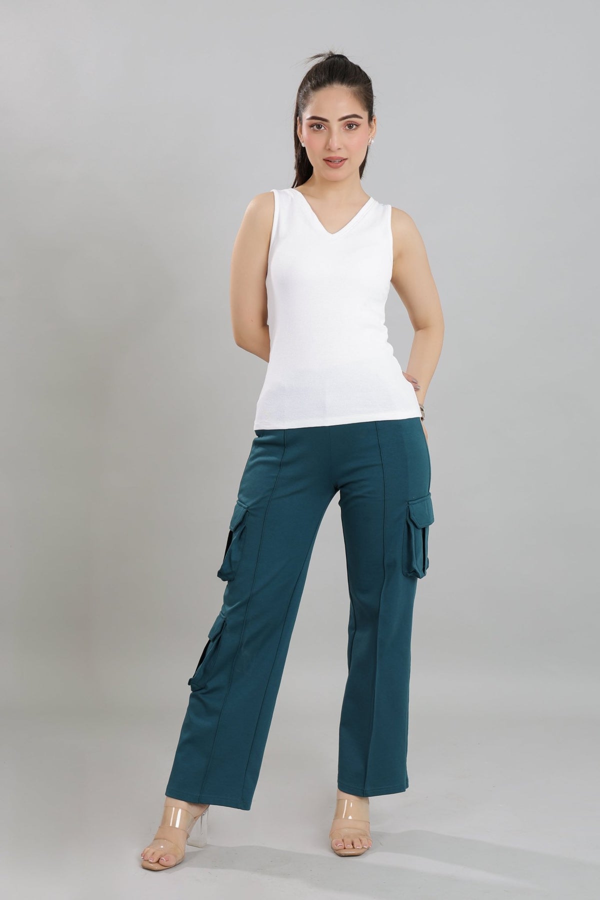 White rib v-neck vest [ 280 GSM non transparent fabric ] -Rib top