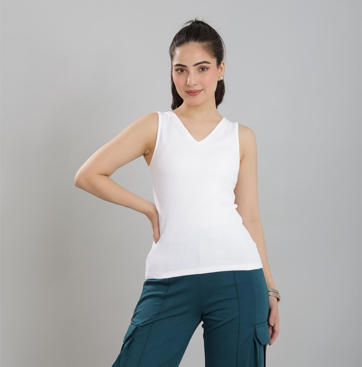 White rib v-neck vest [ 280 GSM non transparent fabric ] -Rib top
