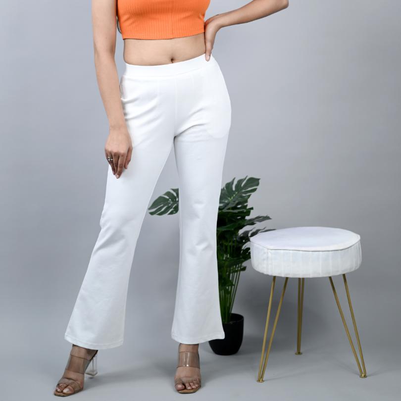 White stretchable biowash cotton bootcut flare pants with superior elastic belt. - Milano bootcut flare pants