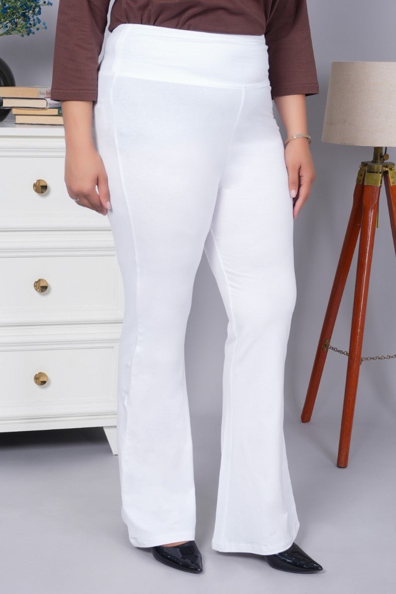 White stretchable biowash cotton flare pants with superior elastic belt. - Cotton flare