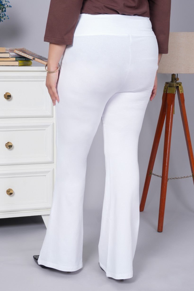 White stretchable biowash cotton flare pants with superior elastic belt. - Cotton flare