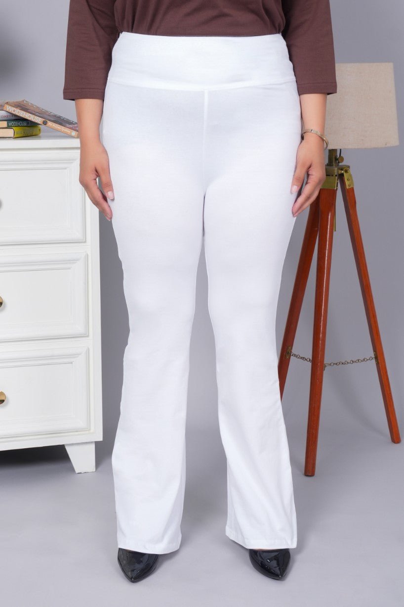 White stretchable biowash cotton flare pants with superior elastic belt. - Cotton flare