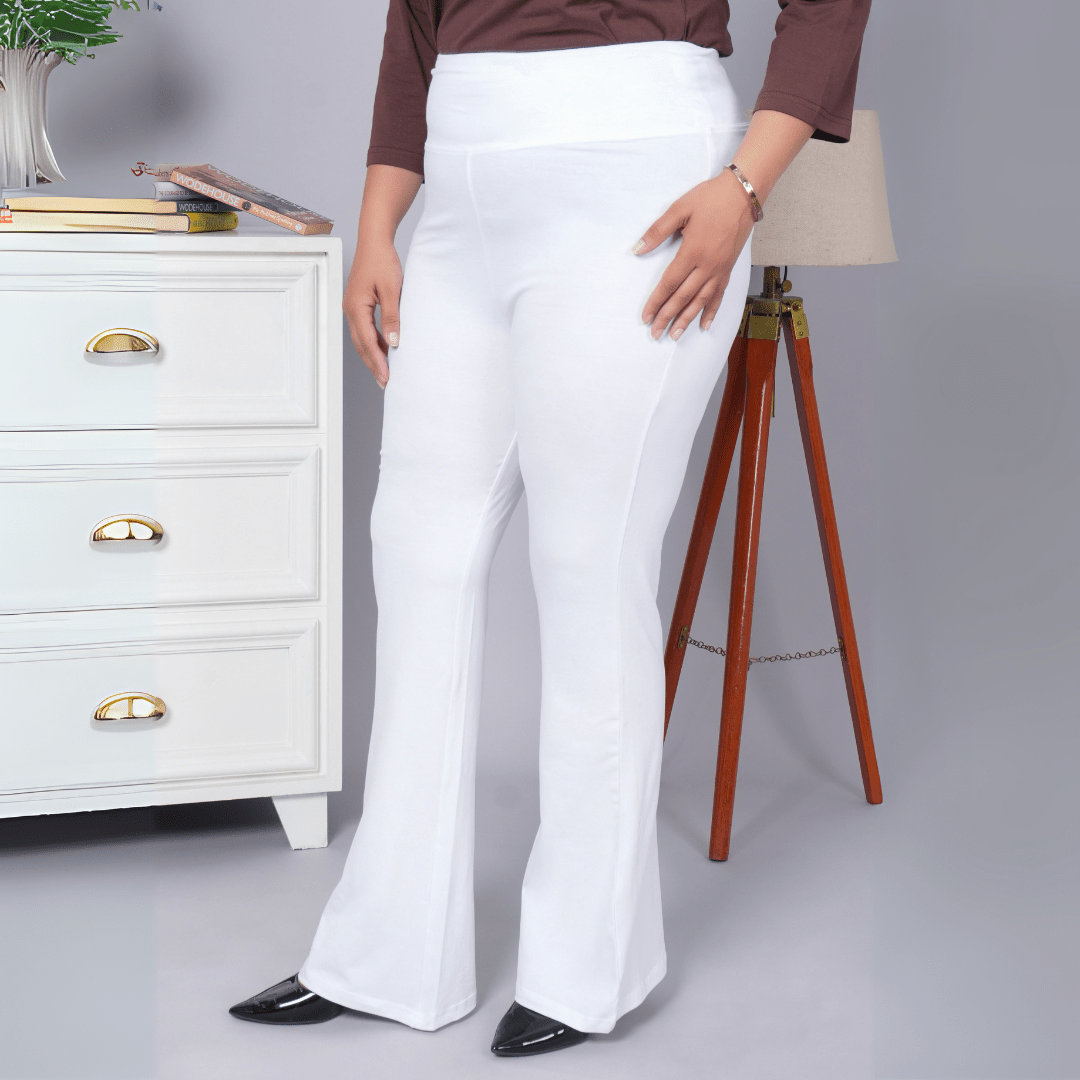 White stretchable biowash cotton flare pants with superior elastic belt. - Cotton flare