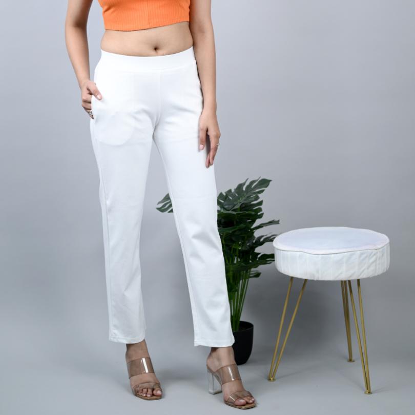 White stretchable biowash USA HQ cotton cigarette pencil pants with superior elastic belt. [Straight fit] - Milano cigarette pencil pants