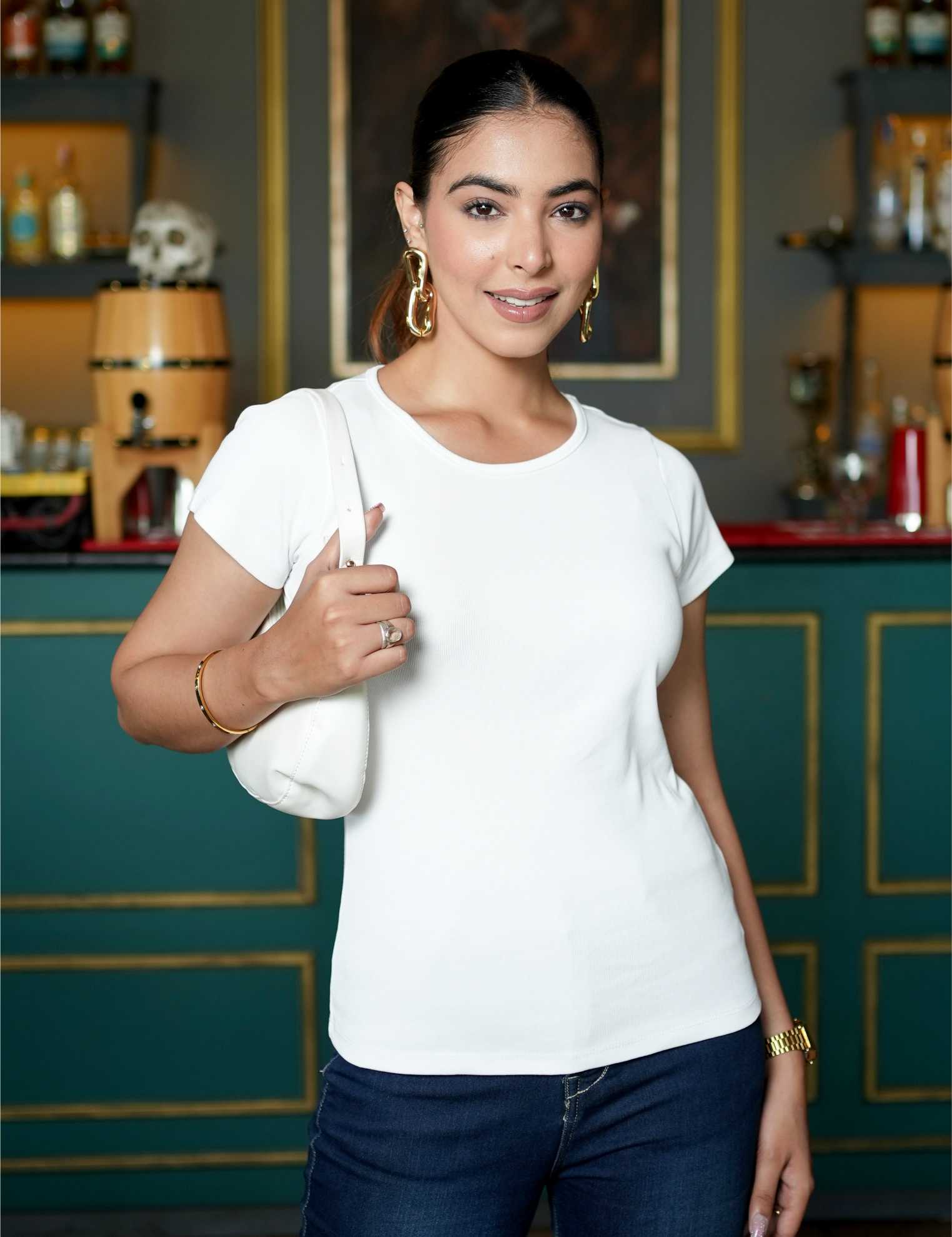 White Stretchable Rib T Shirt [ 100% USA HQ Cotton, 280 GSM non transparent fabric ] - Rib t shirt