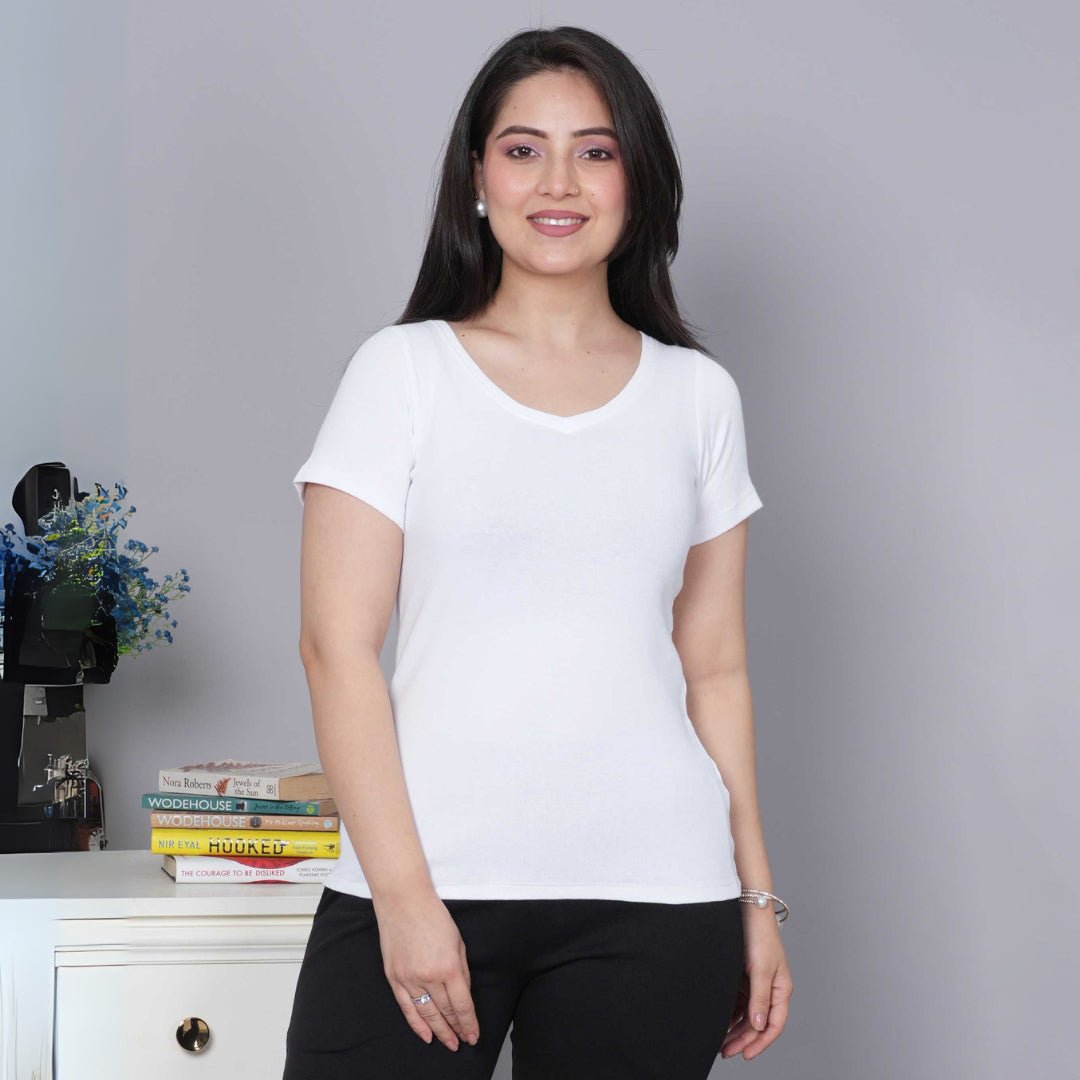 White Stretchable V Neck Rib T Shirt [ 100% USA HQ Cotton, 280 GSM non transparent fabric ] - Rib v neck t shirt
