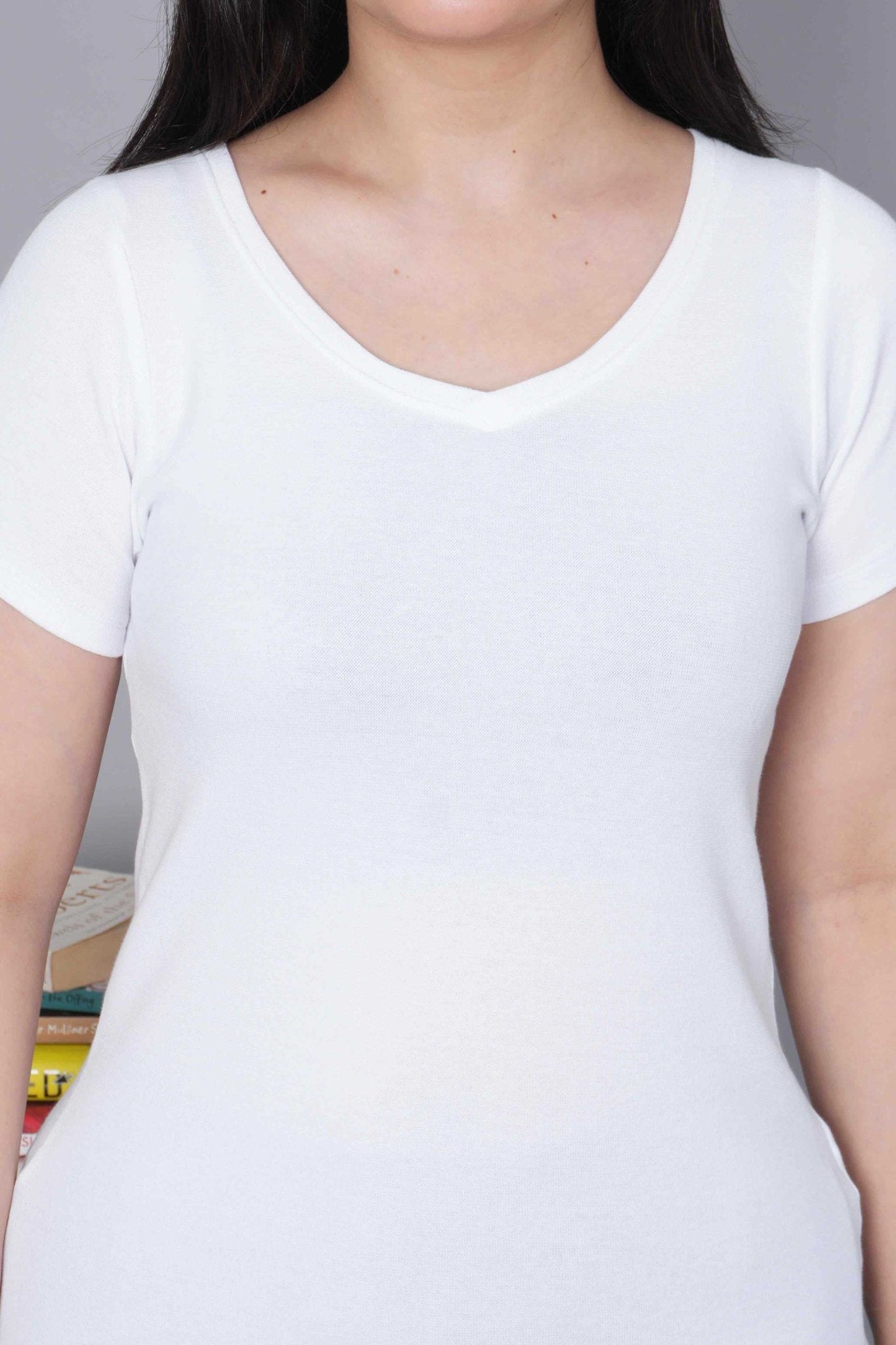 White Stretchable V Neck Rib T Shirt [ 100% USA HQ Cotton, 280 GSM non transparent fabric ] - Rib v neck t shirt
