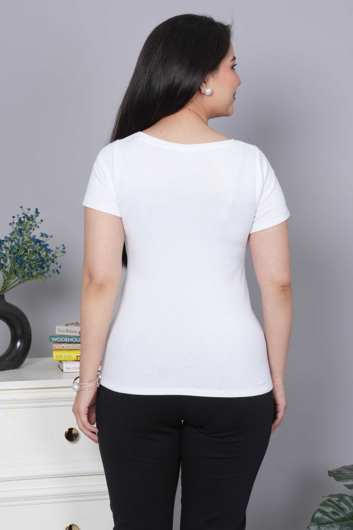 White Stretchable V Neck Rib T Shirt [ 100% USA HQ Cotton, 280 GSM non transparent fabric ] - Rib v neck t shirt