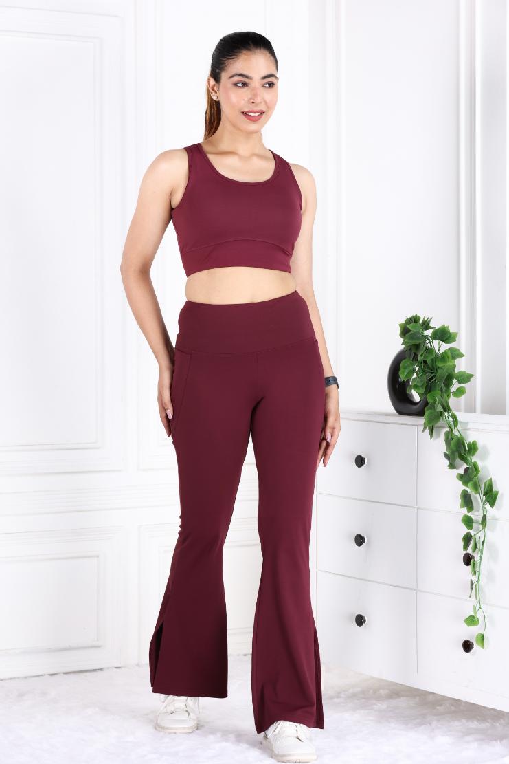 Wine Active Flare with Slit Pants - Active flare with slit pants