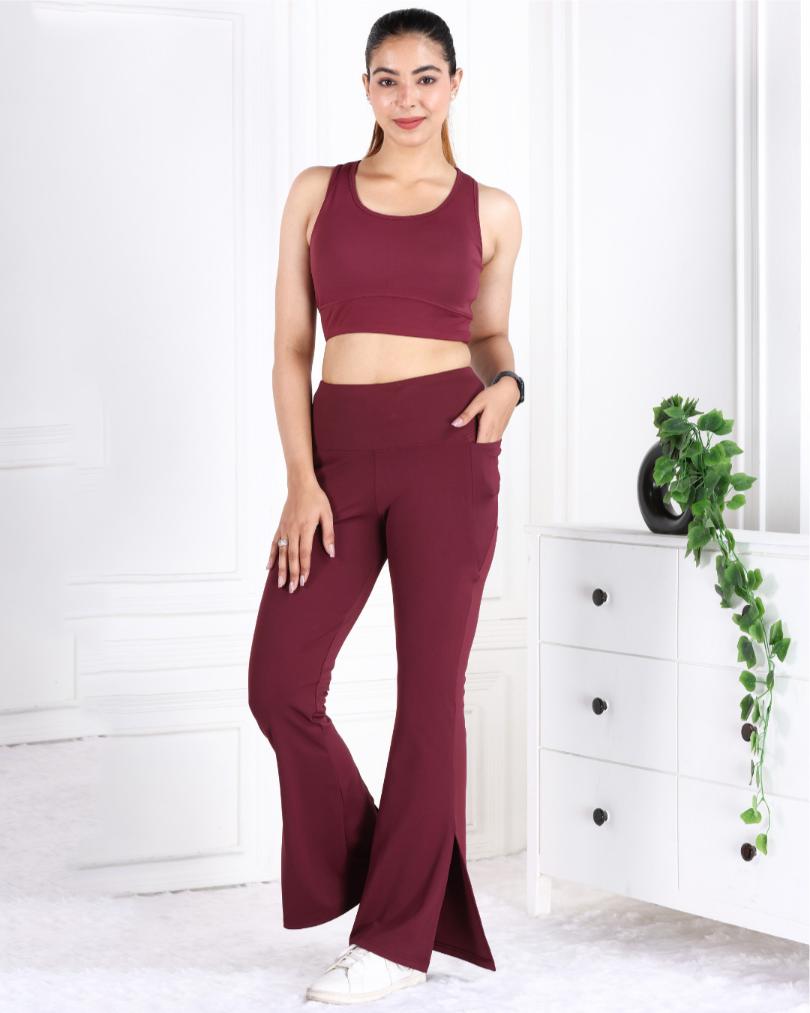 Wine Active Flare with Slit Pants - Active flare with slit pants