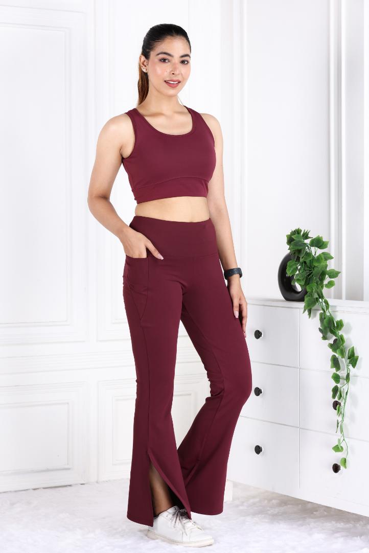 Wine Active Flare with Slit Pants - Active flare with slit pants