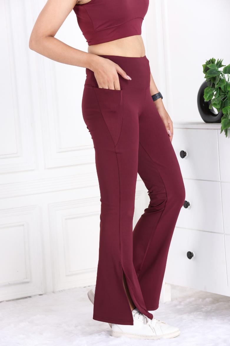 Wine Active Flare with Slit Pants - Active flare with slit pants