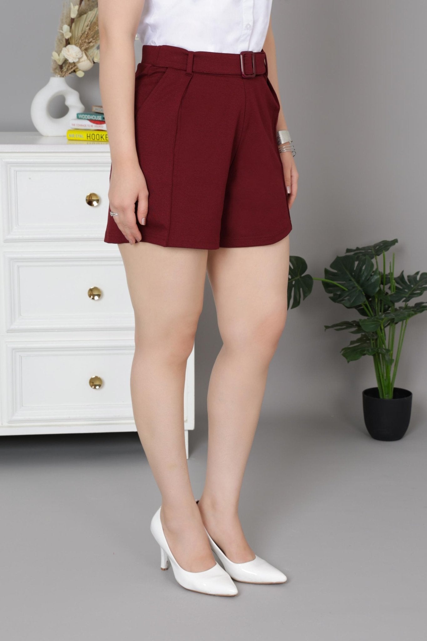 Wine belted pull on cotton short USA HQ cotton pull on short with superior belt. - Belted pull on cotton short
