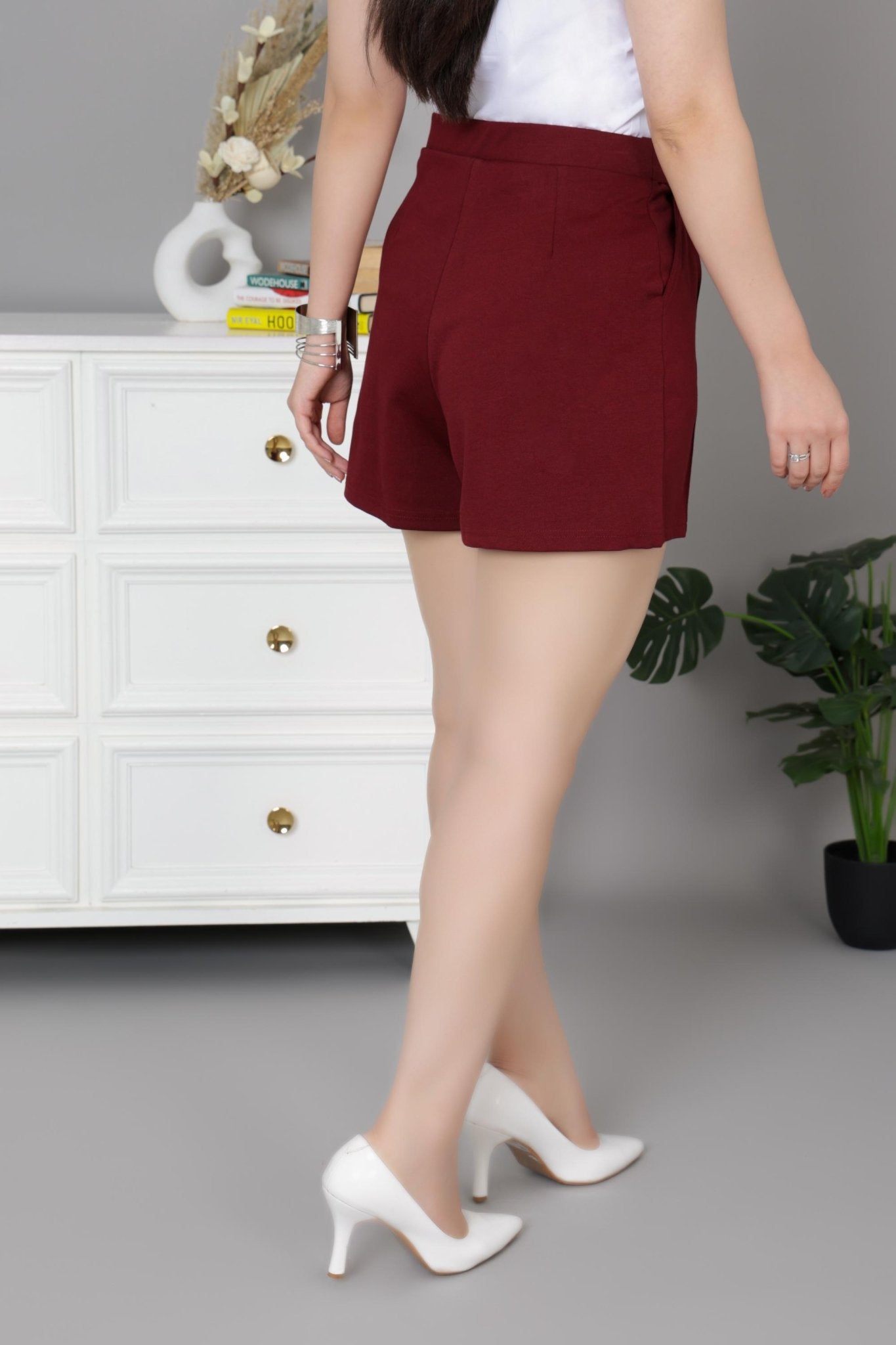 Wine belted pull on cotton short USA HQ cotton pull on short with superior belt. - Belted pull on cotton short