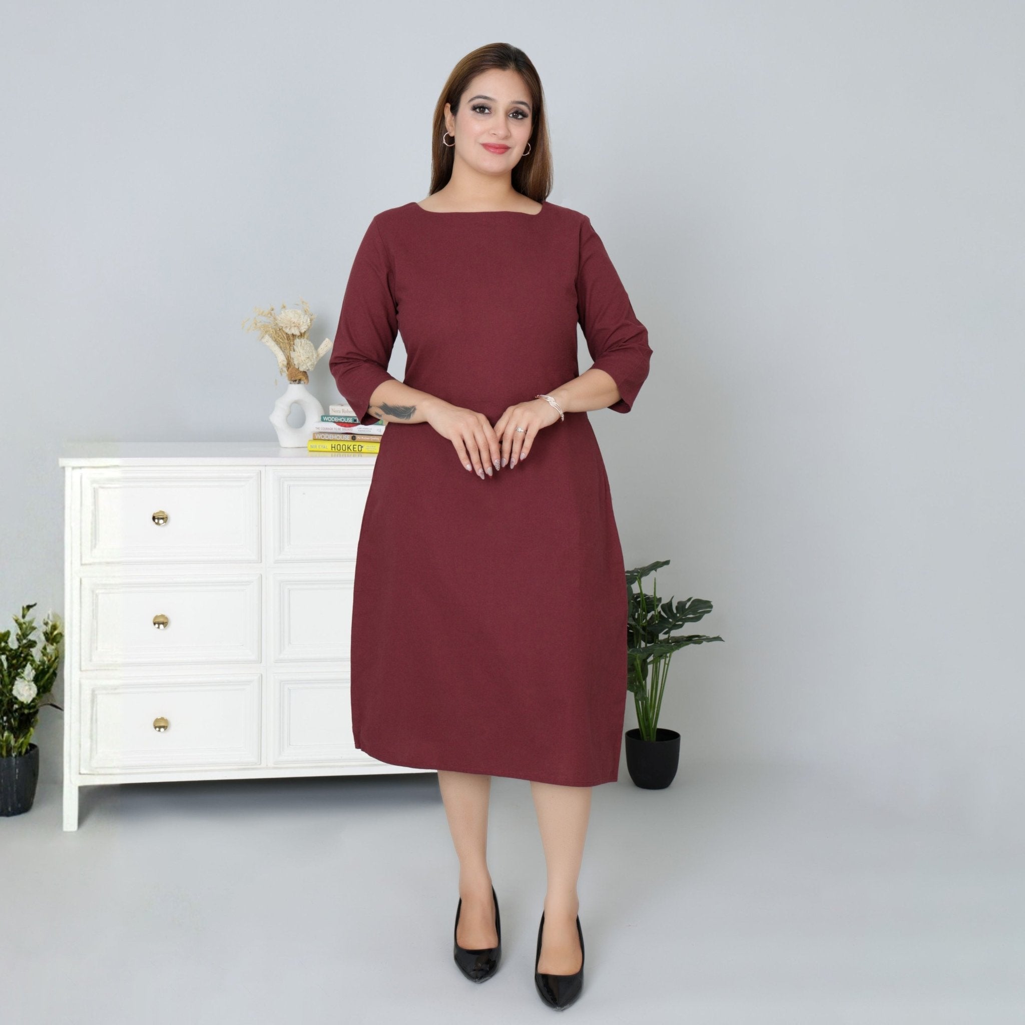 Wine cotton full sleeve midi dress with pocket [100% pure cotton] - Cotton pocket midi dress