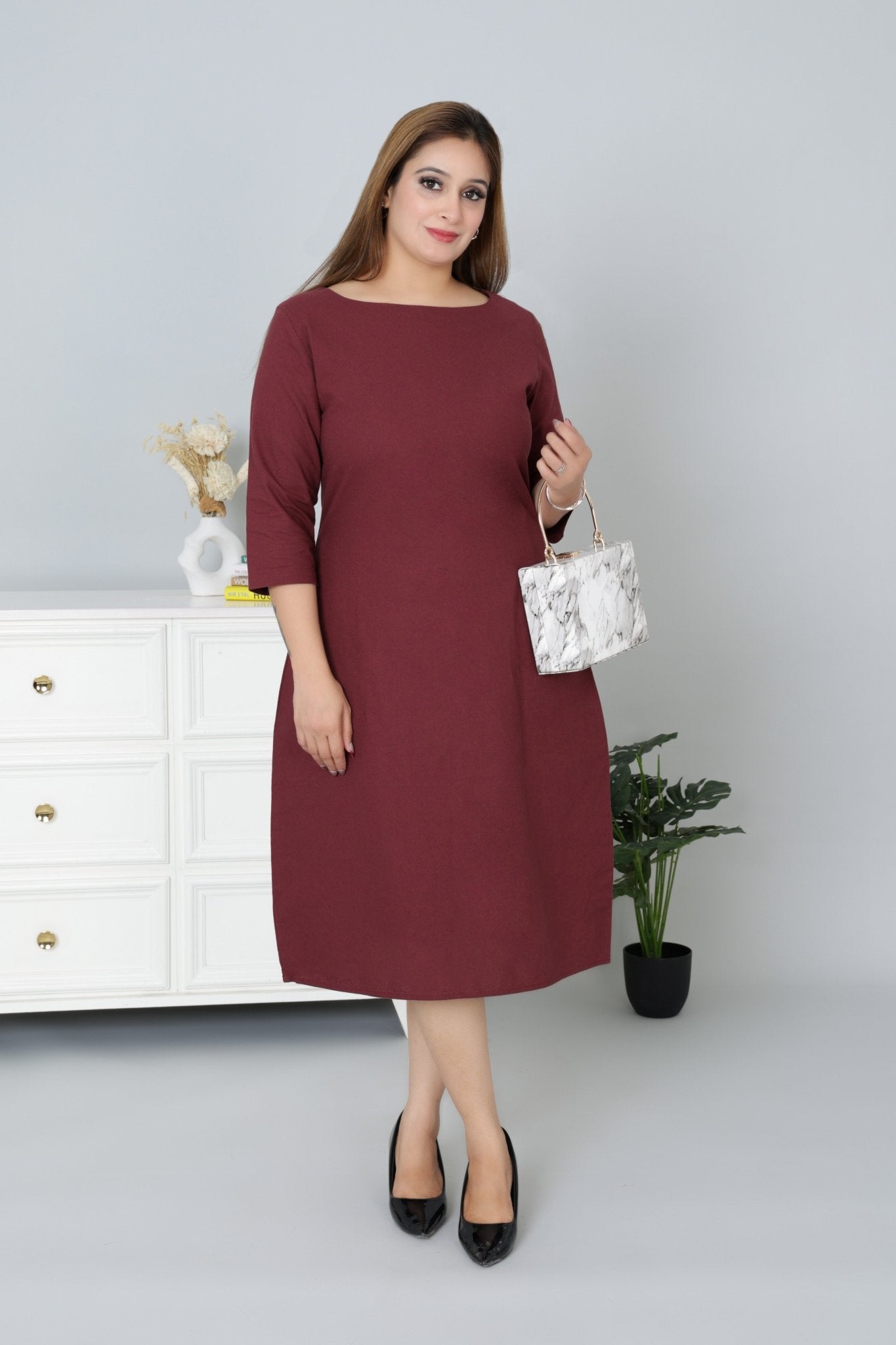 Wine cotton full sleeve midi dress with pocket [100% pure cotton] - Cotton pocket midi dress