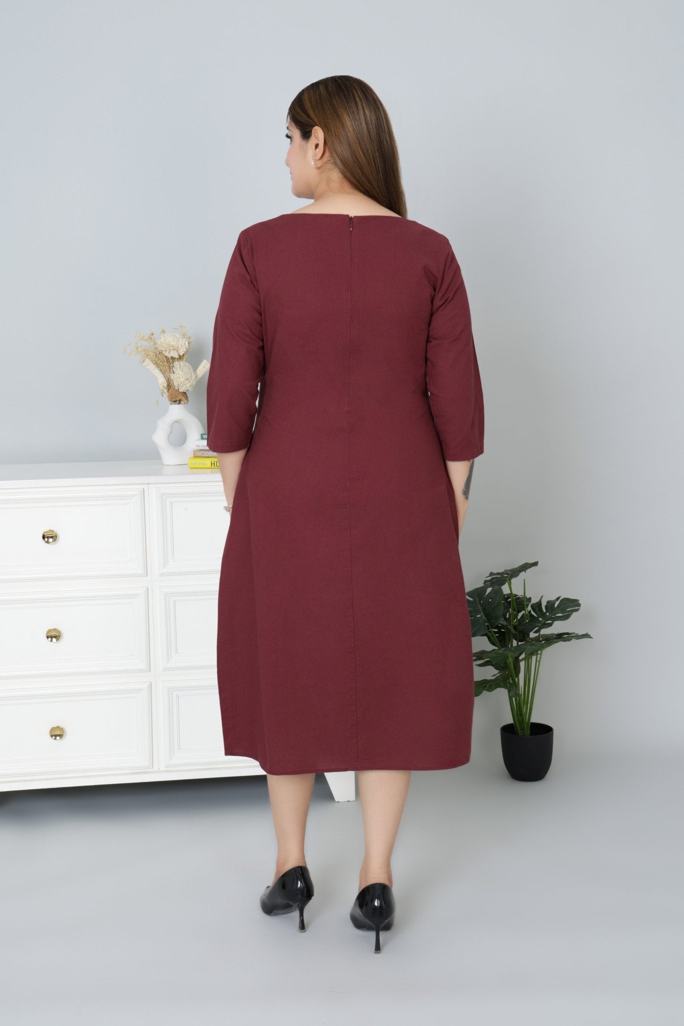 Wine cotton full sleeve midi dress with pocket [100% pure cotton] - Cotton pocket midi dress