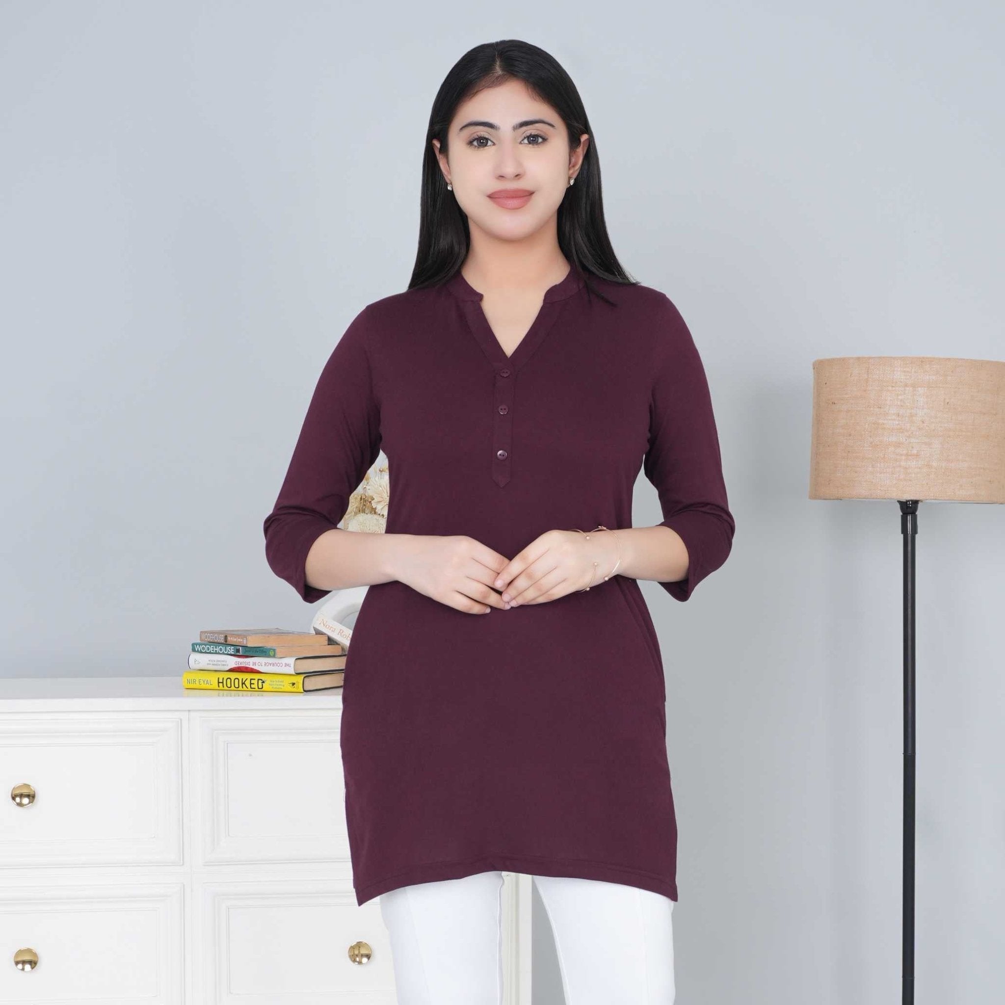 Wine cotton kurti tshirt with pockets - Kurti tshirt
