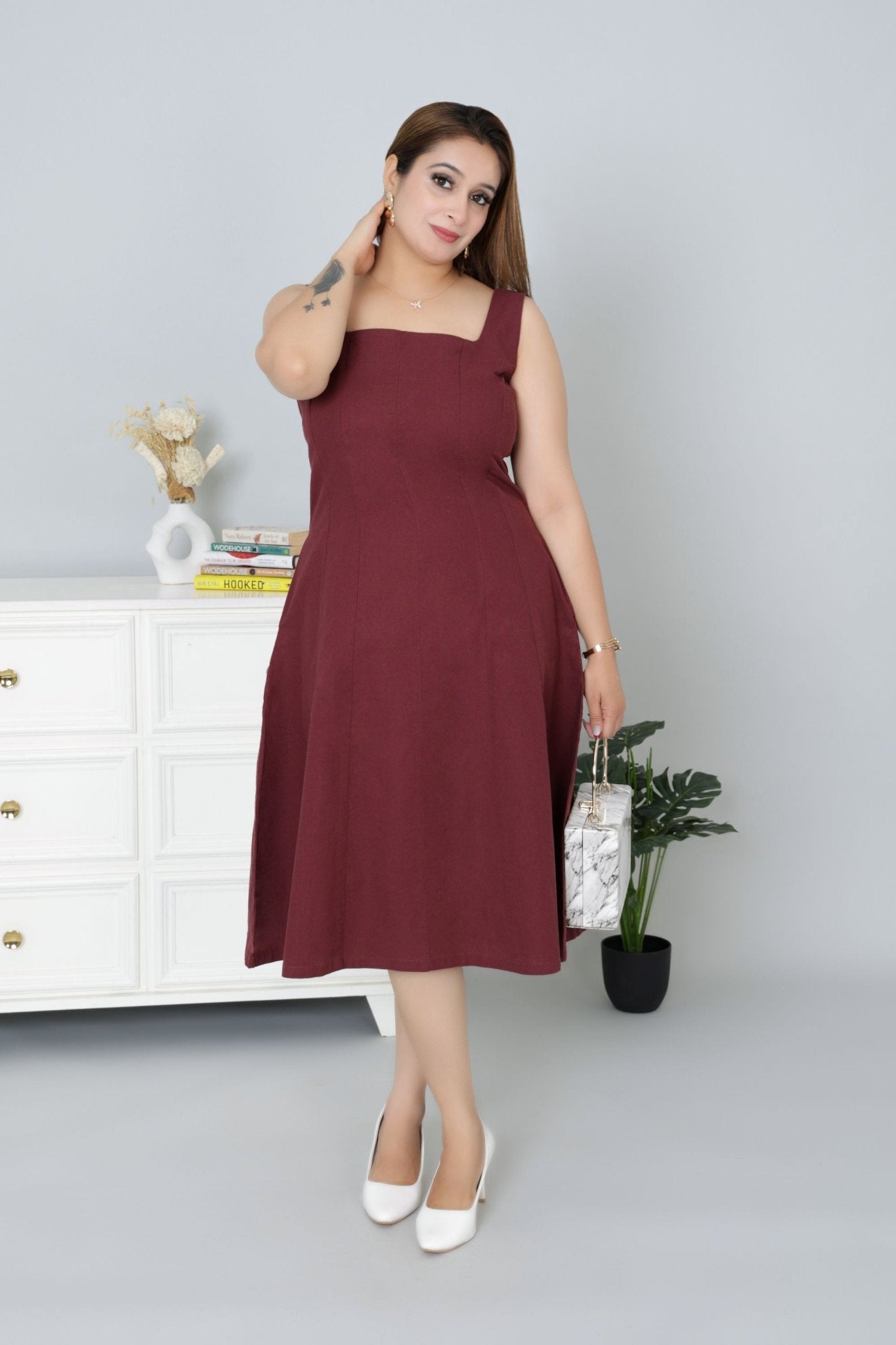 Wine cotton midi dress with pocket [100% pure cotton] - Cotton pocket midi dress