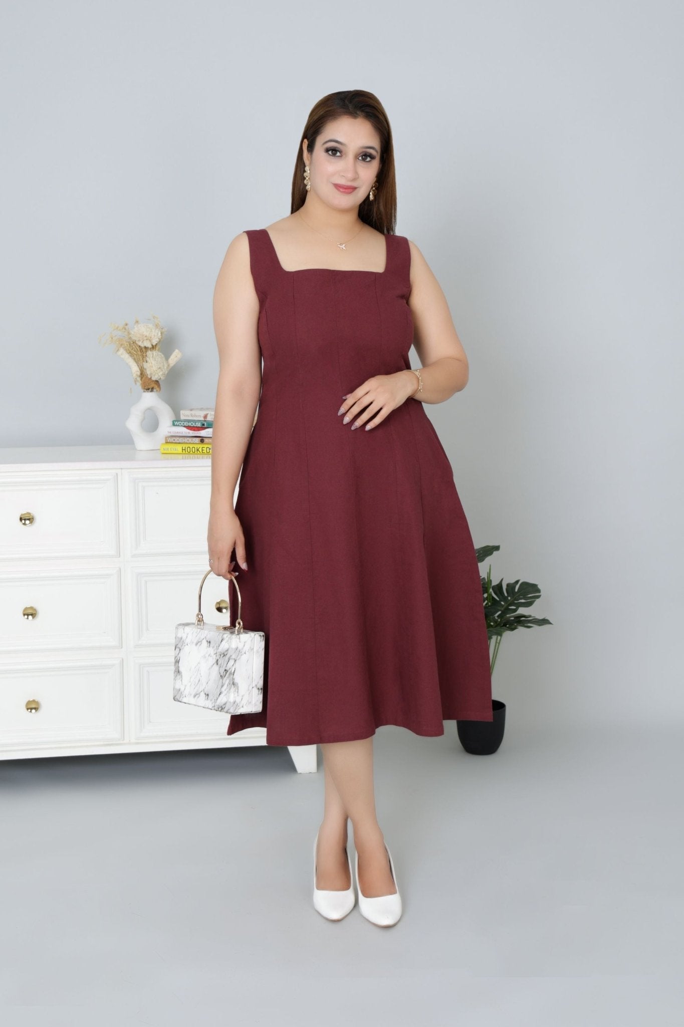 Wine cotton midi dress with pocket [100% pure cotton] - Cotton pocket midi dress