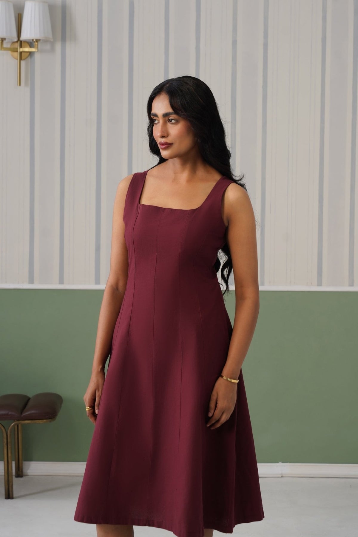 Wine cotton midi dress with pocket [100% pure cotton] -Cotton pocket midi dress