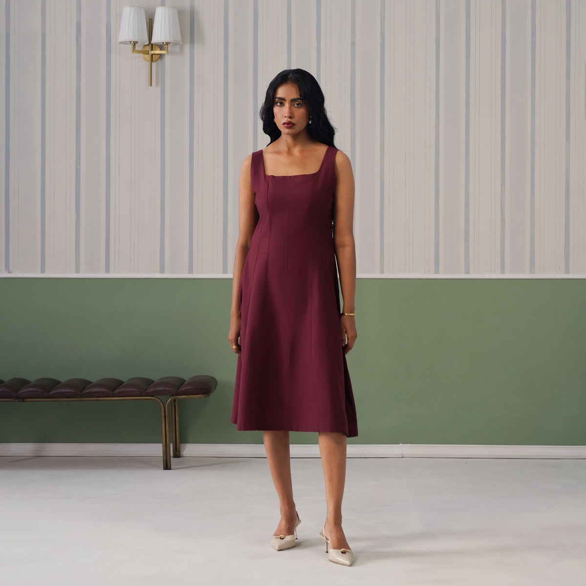 Wine cotton midi dress with pocket [100% pure cotton] -Cotton pocket midi dress