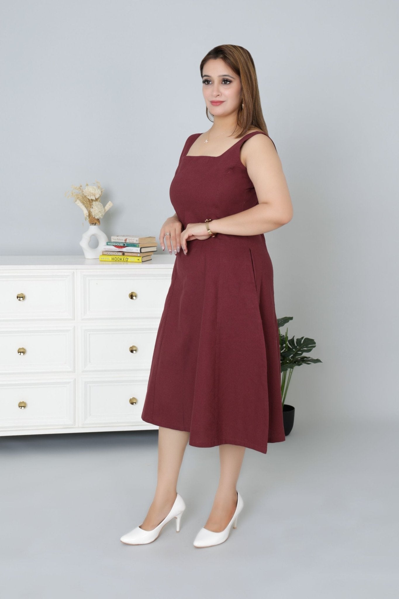 Wine cotton midi dress with pocket [100% pure cotton] - Cotton pocket midi dress