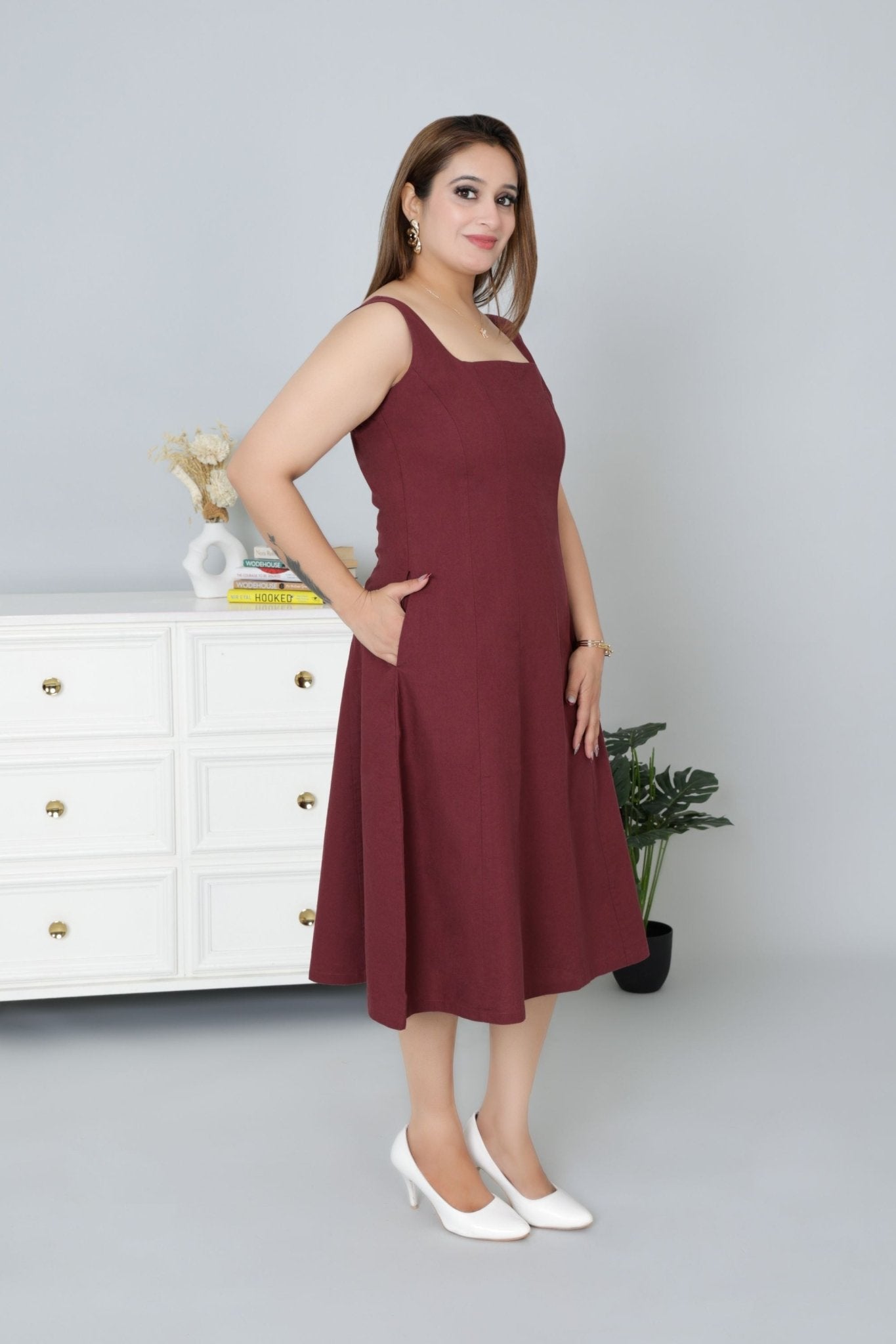 Wine cotton midi dress with pocket [100% pure cotton] - Cotton pocket midi dress
